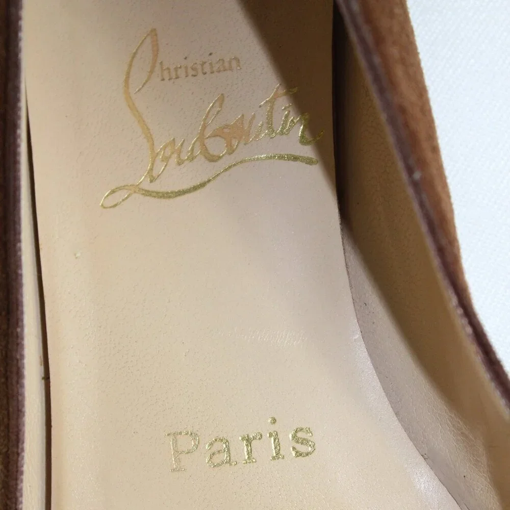Christian Louboutin Brown Suede Leather Overlay Pointed-Toe Flats Button Detail